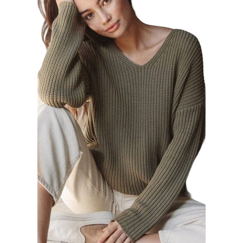 Jenni Kayne Fisherman Organic Cotton Blend Sweater V Neck Oversized Green Small